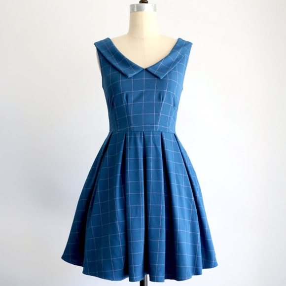 Apricity Windowpane Plaid Checked Retro Sunday Dress Blue Dapper Women’s M - Picture 1 of 8
